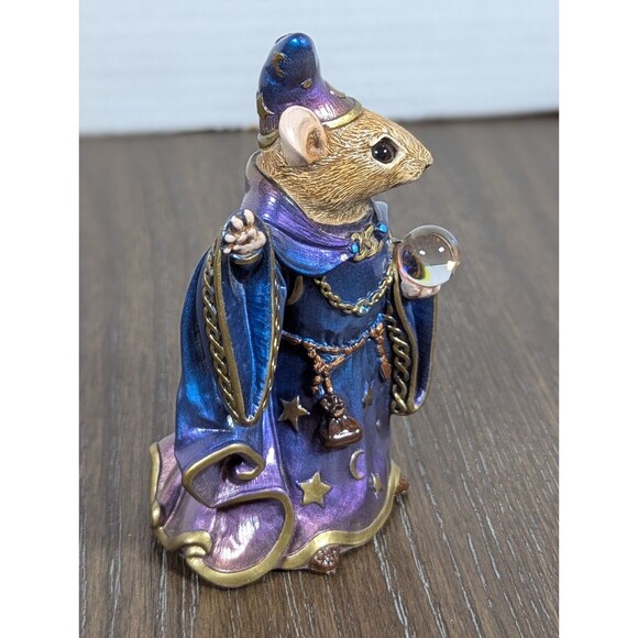 VTG Windstone Editions MOUSE WIZARD Figurine Peacock Colors Pena 1997 Glass Orb - Picture 4 of 7